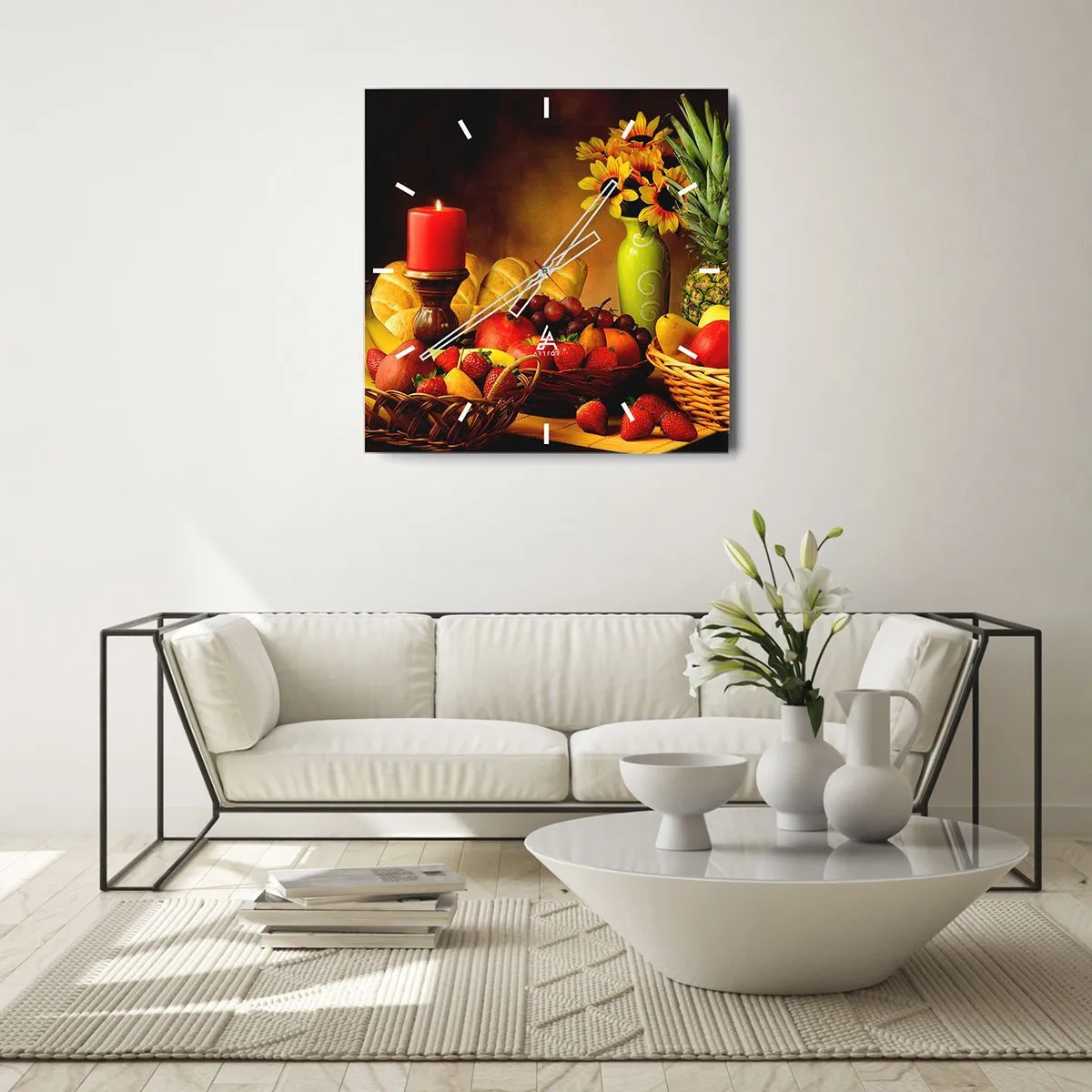 Horloge murale - Pendule murale - Nature morte avec fruits, pain, bougie et fleurs - 30x30cm - Nature morte de pain et de fruits - Décoration murale moderne pour le salon et la chambre ARTTOR