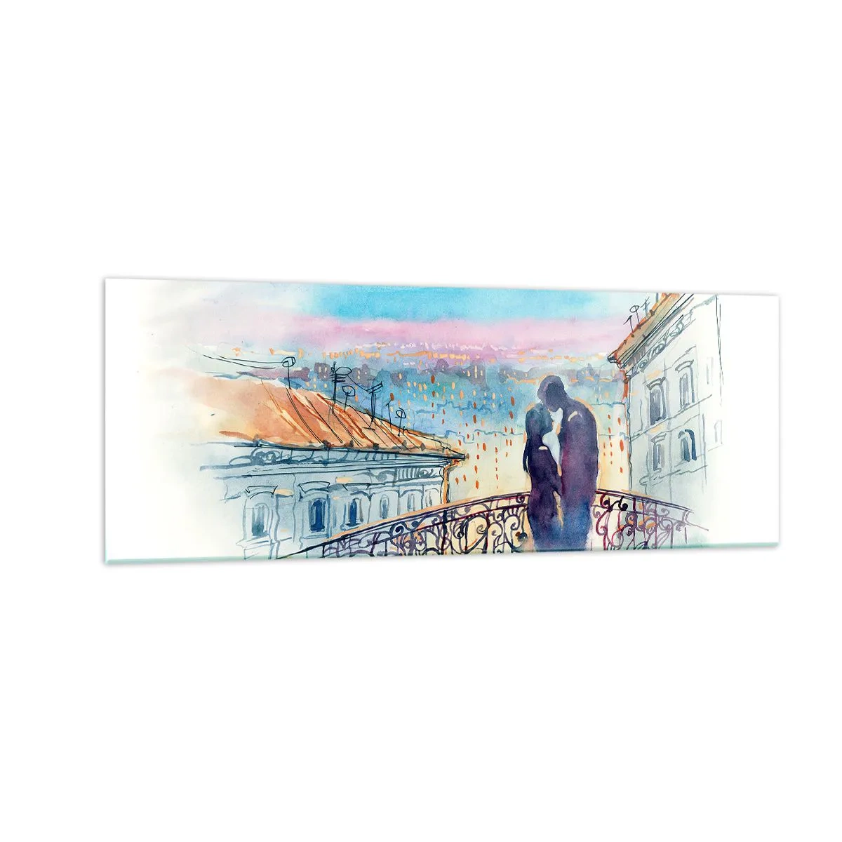 Impression sur verre - Image sur verre - Couple romantique sur un balcon avec vue sur la ville - 140x50cm - Amoureux de Paris - Décoration murale moderne pour le salon et la chambre ARTTOR