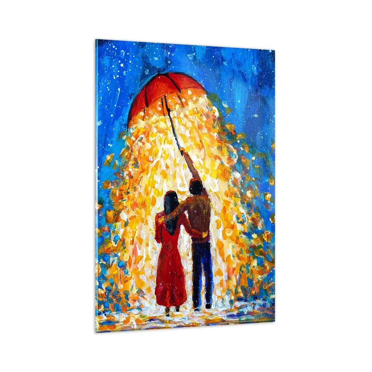 Impression sur verre - Image sur verre - Un couple sous un parapluie rouge sous la pluie lumineuse - 80x120cm - La magie d'une soirée pluvieuse ? - Décoration murale moderne pour le salon et la chambre ARTTOR