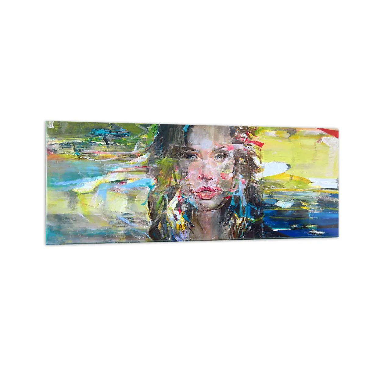 Impression sur verre - Image sur verre - Portrait abstrait d'une femme aux couleurs intenses - 140x50cm - Derrière l'air, un rideau - Décoration murale moderne pour le salon et la chambre ARTTOR