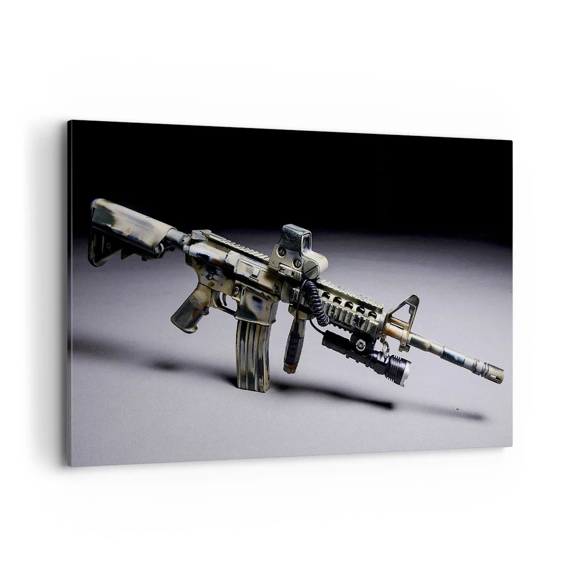 Impression sur toile - Image sur toile - Arme moderne de couleur camouflage sur fond sombre - 120x80cm - Toujours menaçant - Décoration murale moderne pour le salon et la chambre ARTTOR