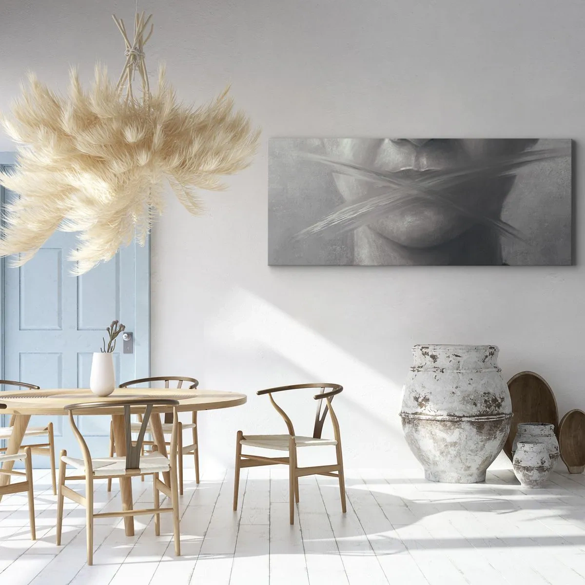 Impression sur toile - Image sur toile - Un portrait symbolique aux lèvres floues dans des tons gris. - 120x50cm - Sans mot - Décoration murale moderne pour le salon et la chambre ARTTOR