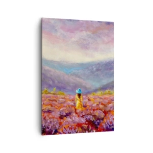 Impression sur toile - Image sur toile - Une femme portant un chapeau marchant dans un champ de lavande. - 70x100cm - Dans un monde lavande - Décoration murale moderne pour le salon et la chambre ARTTOR