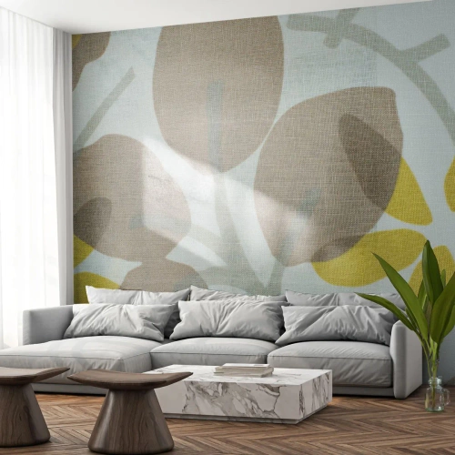 Papier Peint Photo Premium Sand - Feuilles beiges et jaunes sur fond clair dans un style rétro - 100x70cm - Composition en plein soleil - Décoration murale moderne pour le salon et la chambre ARTTOR