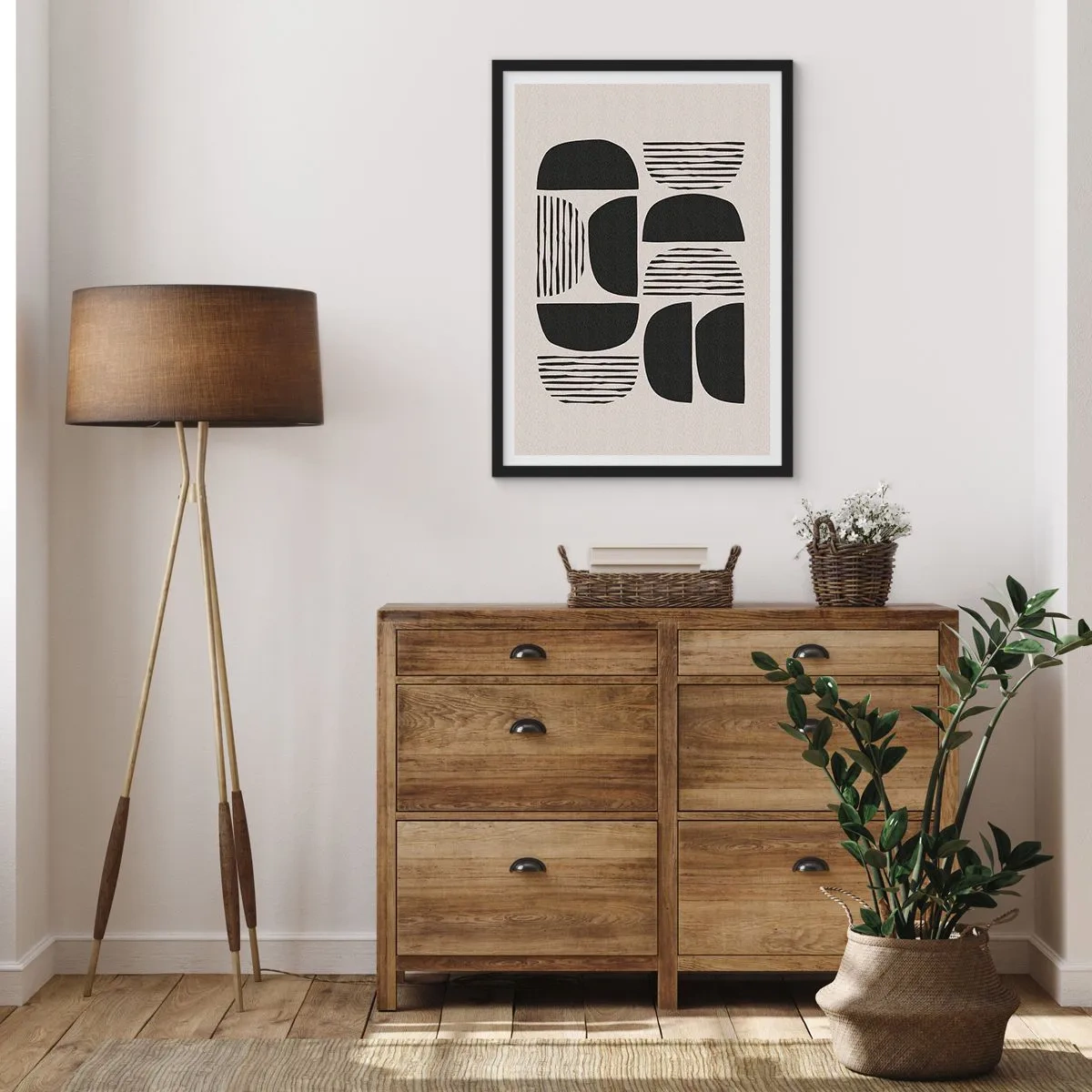Affiche dans un cadre noir - Poster - Abstraction géométrique avec des formes et des lignes noires - 50x70cm - Offres sans enthousiasme - Décoration murale moderne pour le salon et la chambre ARTTOR