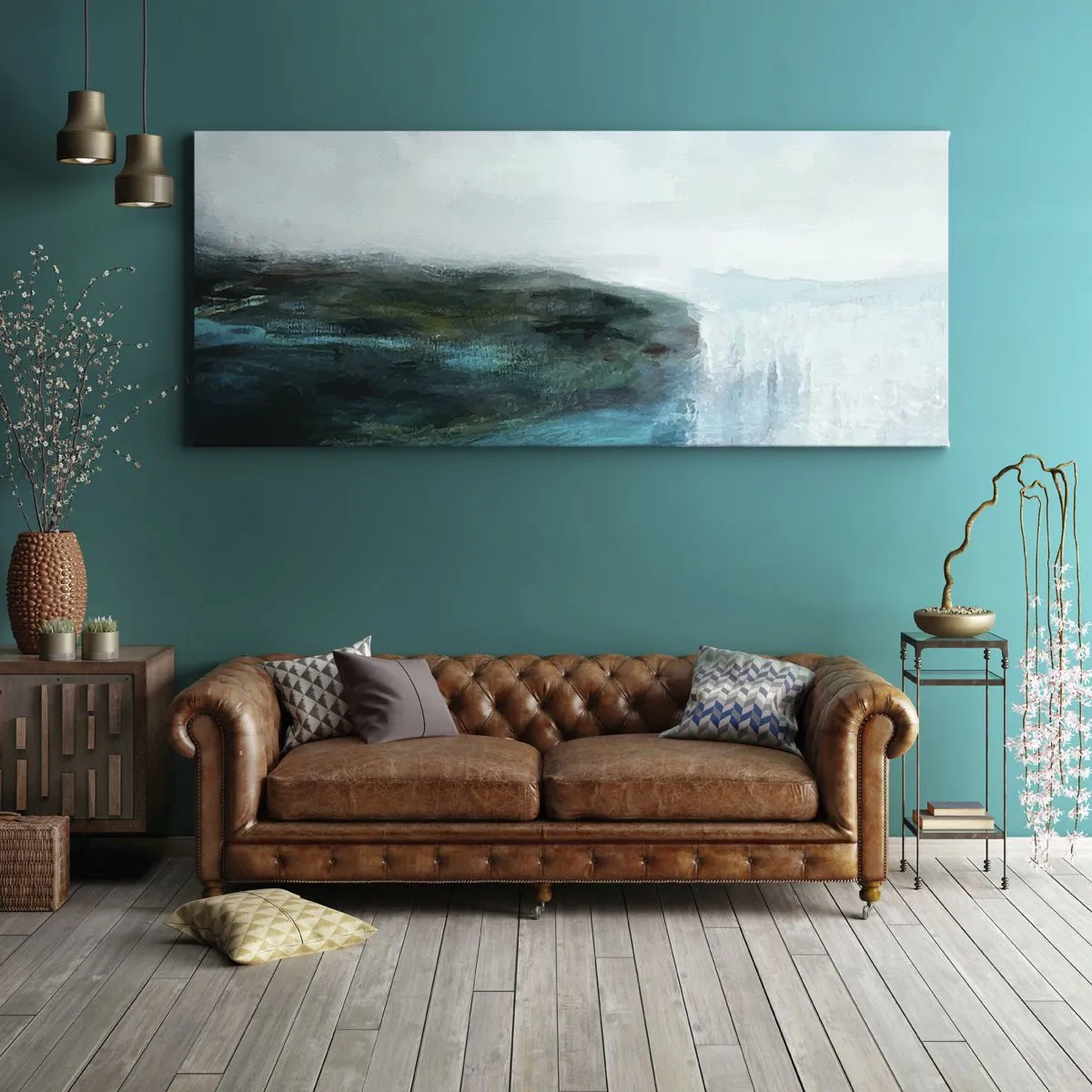 Impression sur toile - Image sur toile - Paysage abstrait dans les tons turquoise et gris - 120x50cm - Abstraction nautique - Décoration murale moderne pour le salon et la chambre ARTTOR