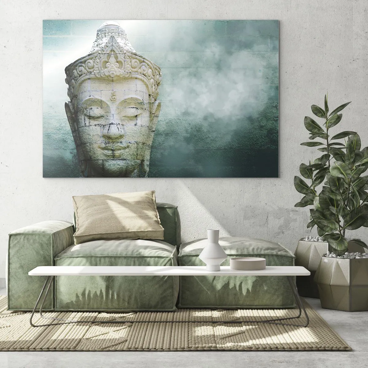 Impression sur verre - Image sur verre - Statue de Bouddha dans une atmosphère mystique - 120x80cm - A la recherche de la lumière - Décoration murale moderne pour le salon et la chambre ARTTOR