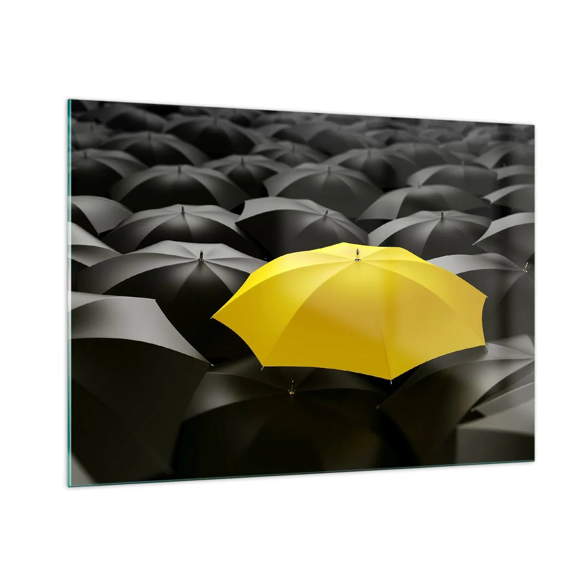 Impression sur verre - Image sur verre - Un parapluie jaune se détachant parmi les noirs - 100x70cm - Adieu chagrin - Décoration murale moderne pour le salon et la chambre ARTTOR