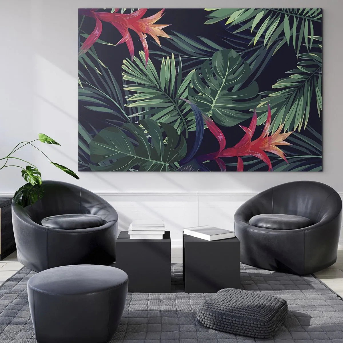 Impression sur verre - Image sur verre - Feuilles et fleurs exotiques sur fond sombre - 120x80cm - immergé dans la nature - Décoration murale moderne pour le salon et la chambre ARTTOR