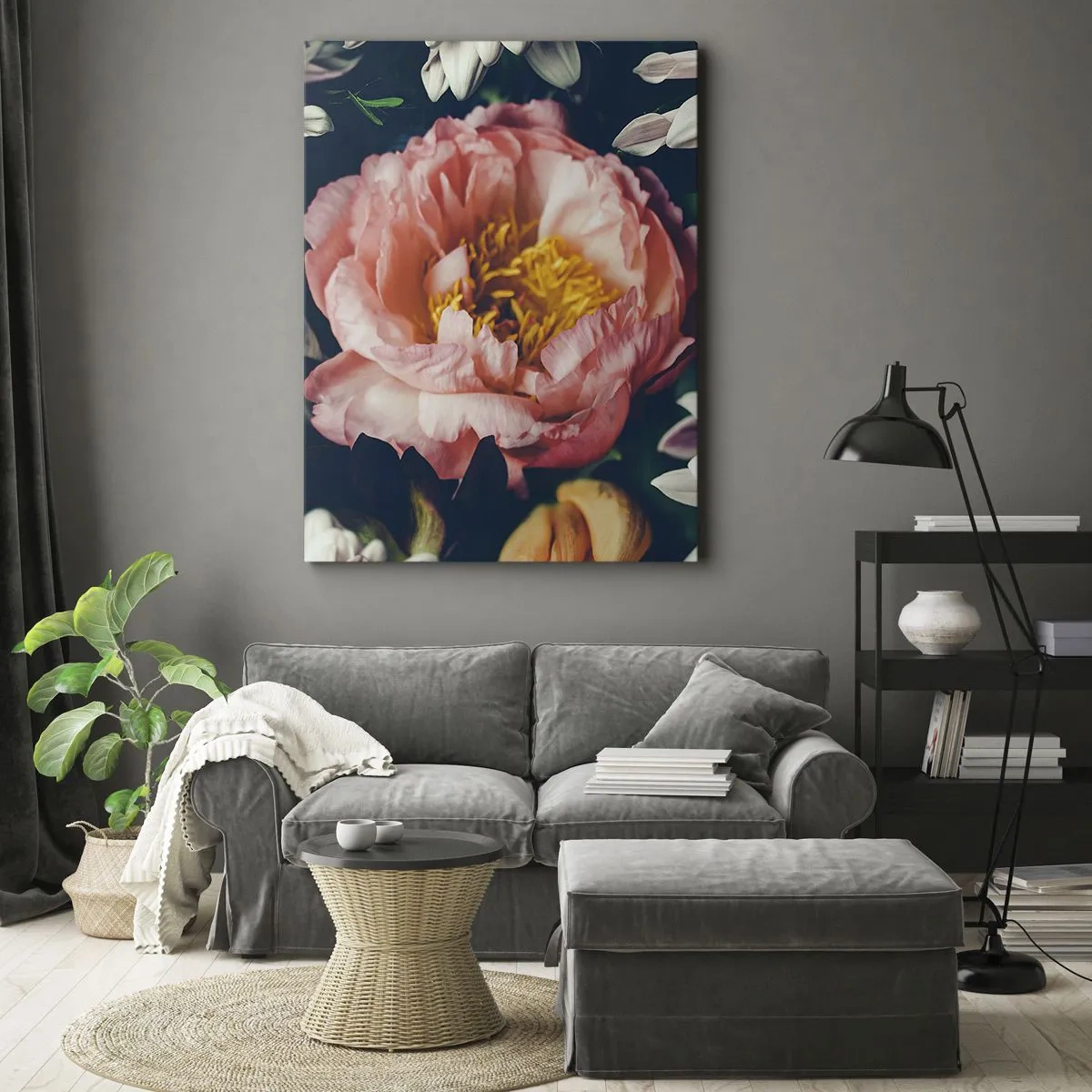 Impression sur toile - Image sur toile - Composition florale avec pivoines et chrysanthèmes sur fond sombre - 70x100cm - Splendeur baroque - Décoration murale moderne pour le salon et la chambre ARTTOR