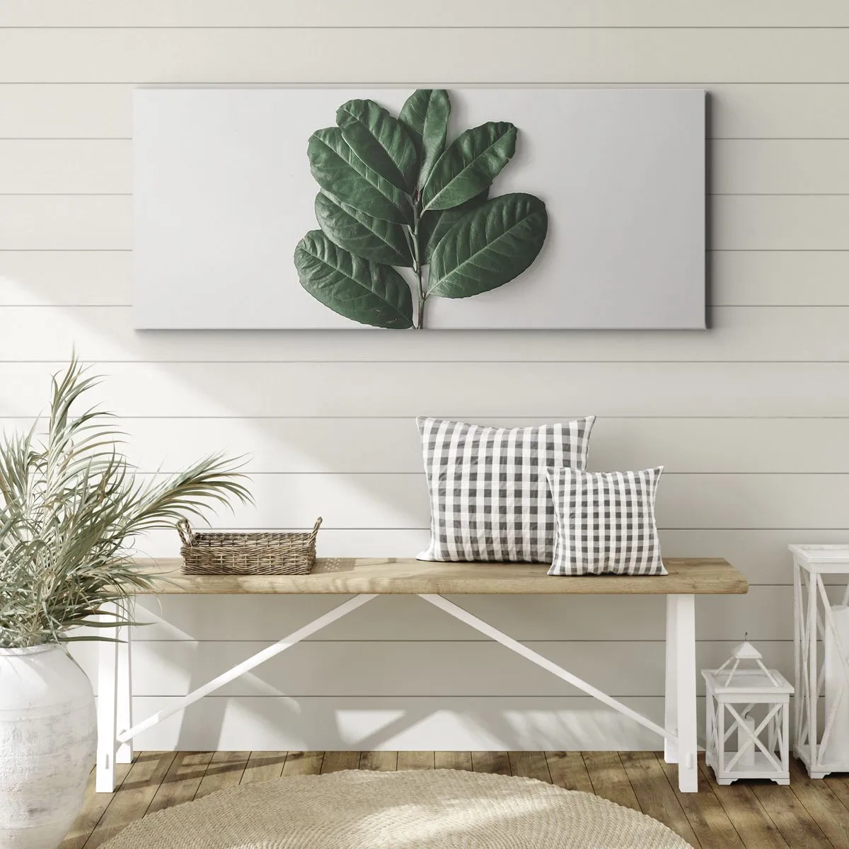 Impression sur toile - Image sur toile - Un brin de feuilles vertes sur un fond clair - 120x50cm - Dessin de la nature elle-même - Décoration murale moderne pour le salon et la chambre ARTTOR