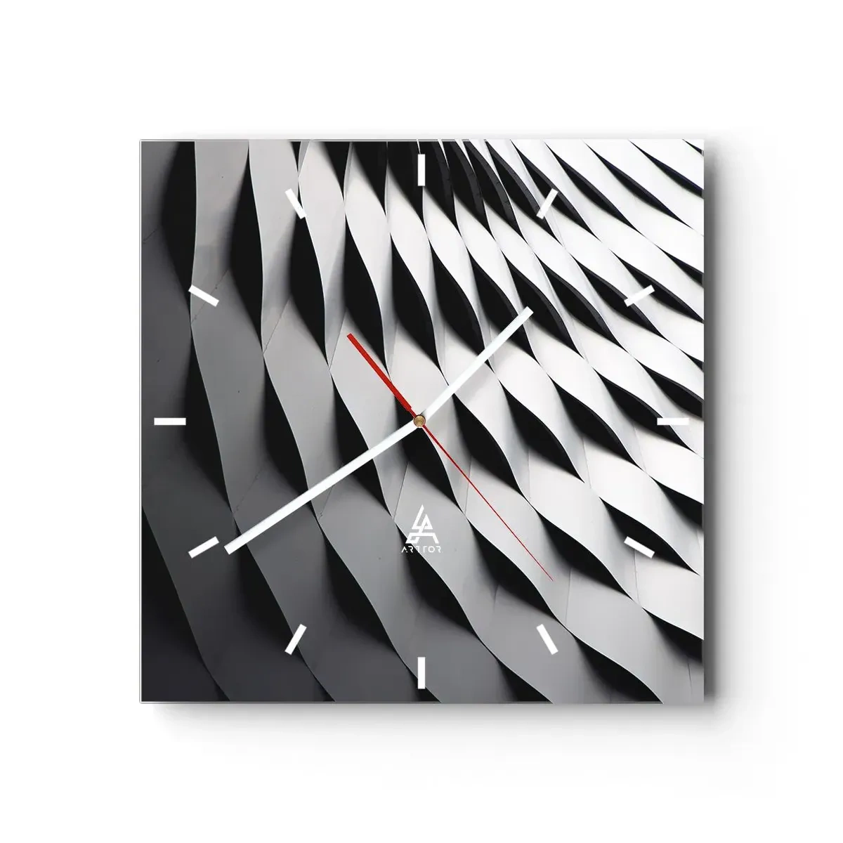 Horloge murale - Pendule murale - Motif géométrique abstrait dans des tons de noir et blanc - 30x30cm - A la surface des vagues - Décoration murale moderne pour le salon et la chambre ARTTOR