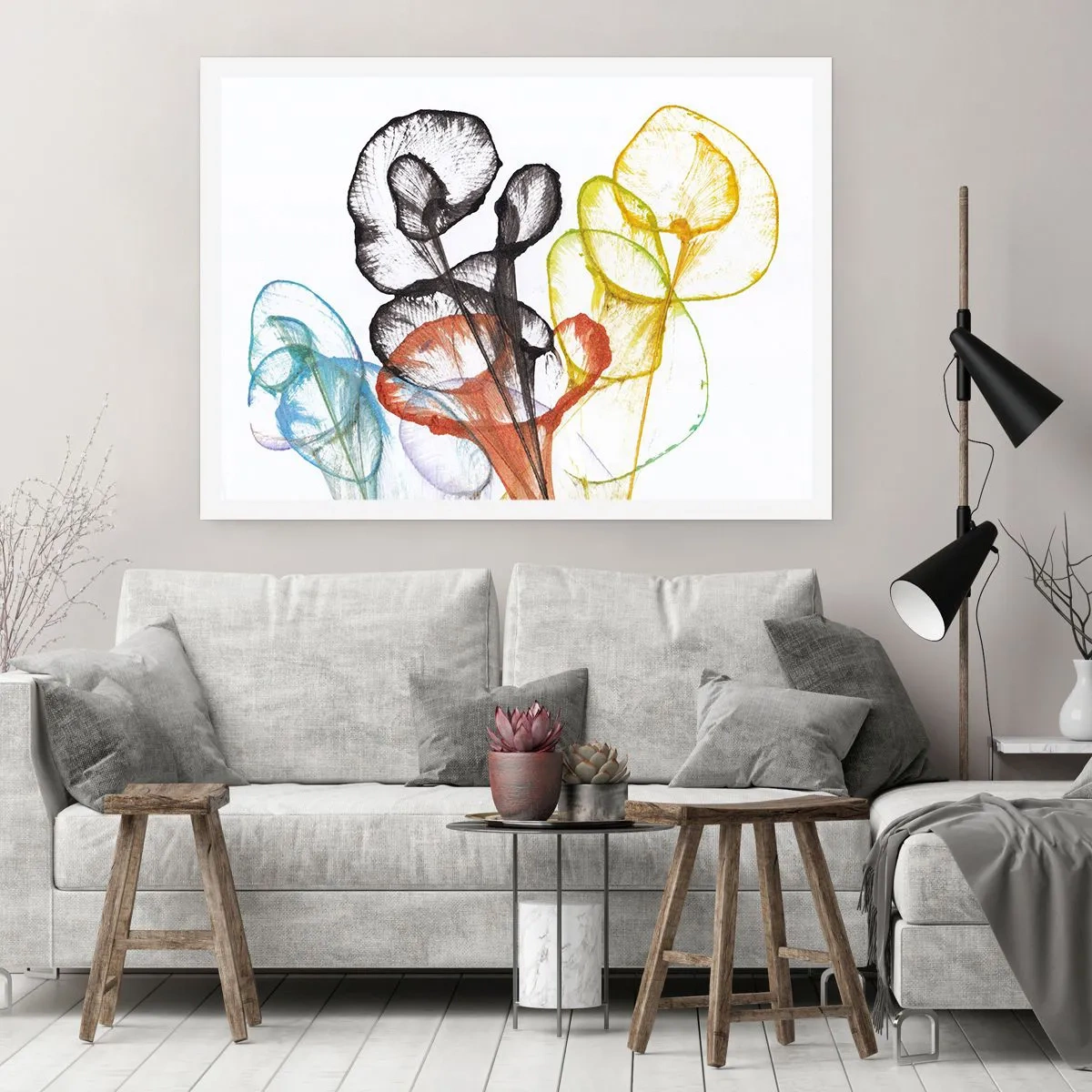 Affiche - Poster - Fleurs transparentes colorées sur fond blanc - 100x70cm - Fleurs avec une âme - Décoration murale moderne pour le salon et la chambre ARTTOR