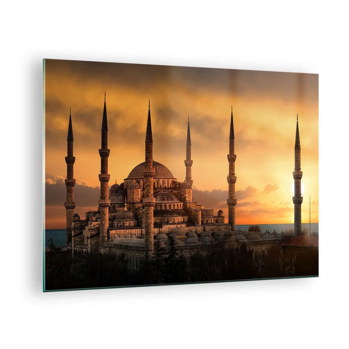 Impression sur verre - Image sur verre - La Mosquée Bleue sur fond de coucher de soleil - 70x50cm - Dieu est grand - Décoration murale moderne pour le salon et la chambre ARTTOR