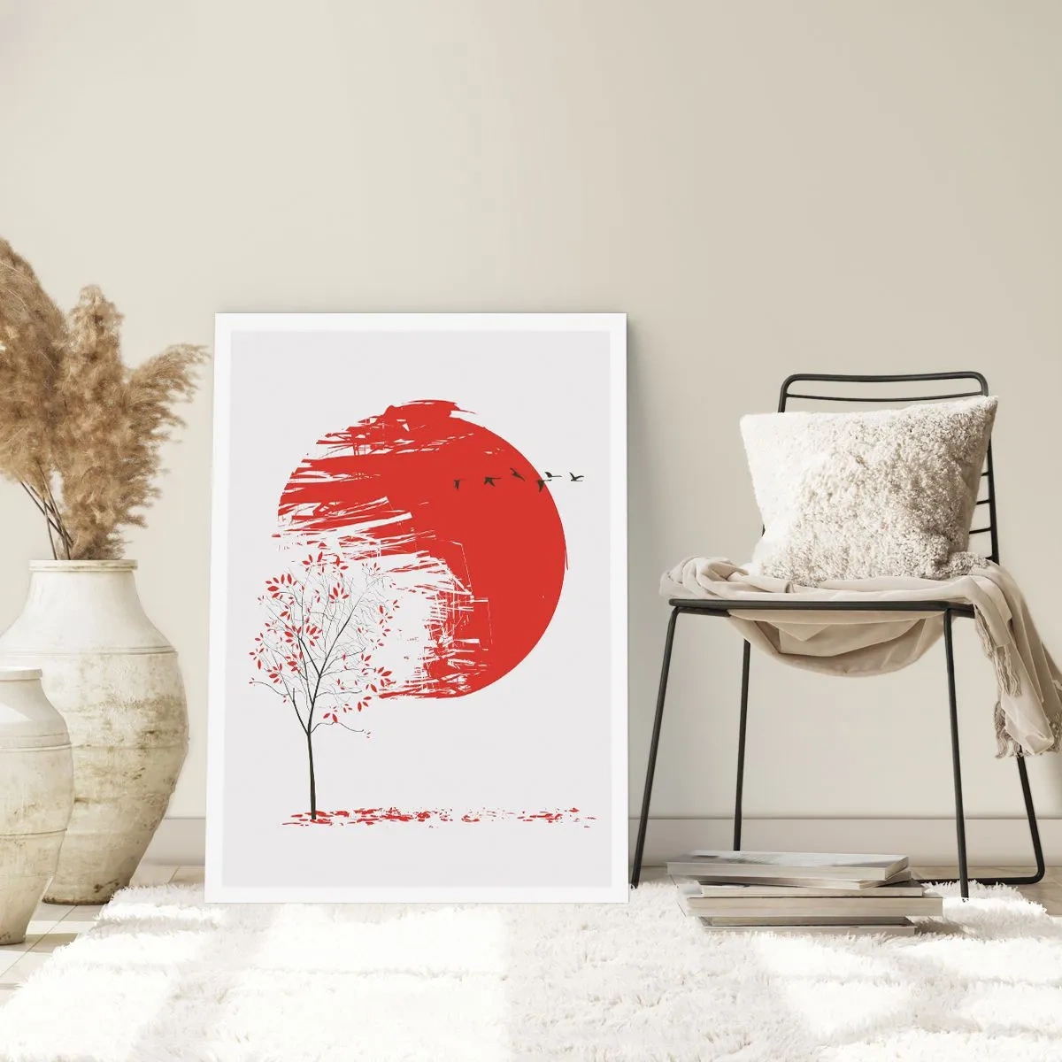 Affiche - Poster - Cercle rouge avec arbre et oiseaux dans un style minimaliste - 50x70cm - Connaissez-vous ce pays ? - Décoration murale moderne pour le salon et la chambre ARTTOR