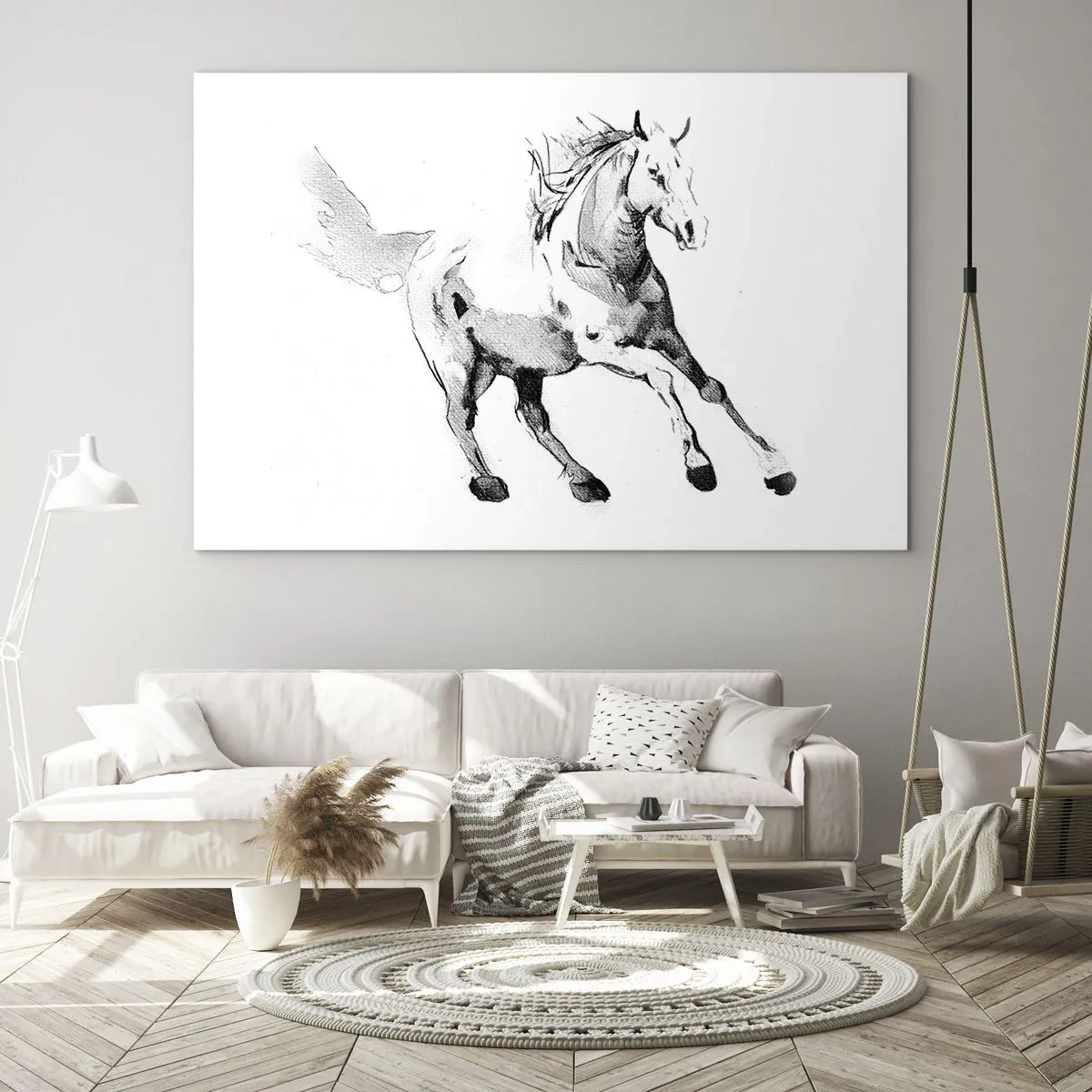 Impression sur verre - Image sur verre - Croquis noir et blanc d'un cheval au galop sur fond blanc - 100x70cm - Âme indomptée - Décoration murale moderne pour le salon et la chambre ARTTOR