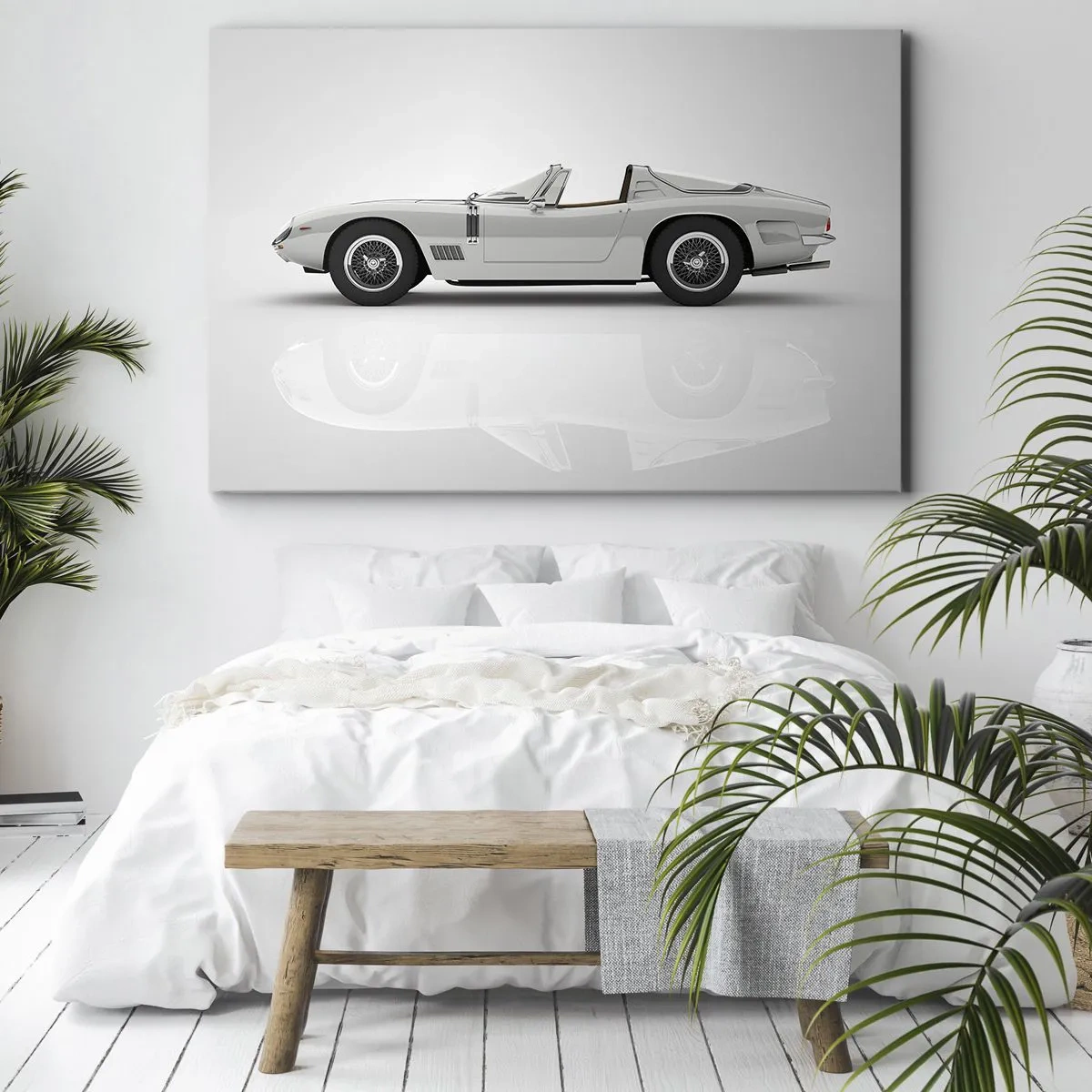 Impression sur toile - Image sur toile - Cabriolet blanc classique sur fond clair - 70x50cm - Promesse de plaisir - Décoration murale moderne pour le salon et la chambre ARTTOR