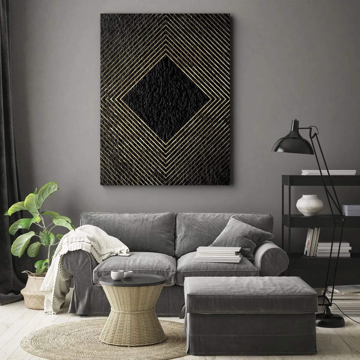 Impression sur toile - Image sur toile - Fond noir avec un motif géométrique de lignes dorées - 70x100cm - Géométrie dans un style glamour - Décoration murale moderne pour le salon et la chambre ARTTOR