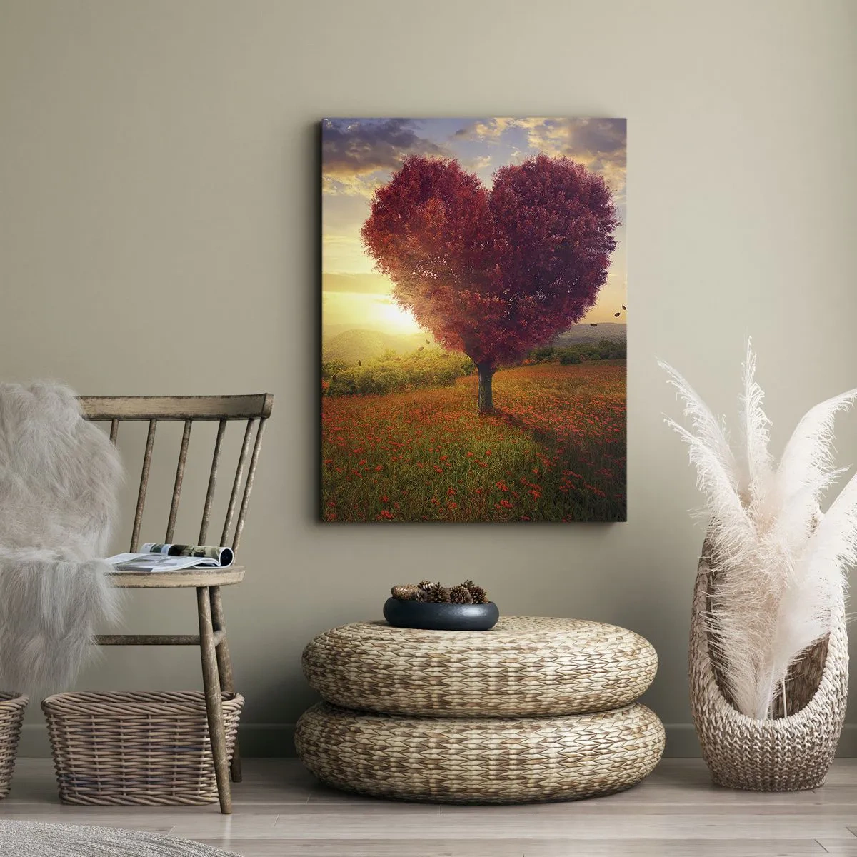 Impression sur toile - Image sur toile - Arbre en forme de cœur au coucher du soleil - 50x70cm - Touche le cœur - Décoration murale moderne pour le salon et la chambre ARTTOR