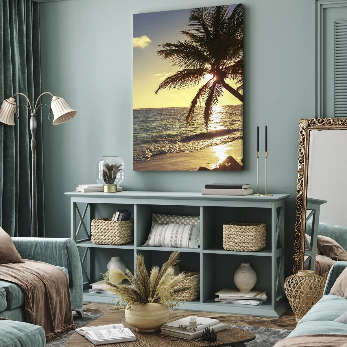 Impression sur toile - Image sur toile - Coucher de soleil tropical sur une plage avec des palmiers - 50x70cm - L'été sous les palmiers - Décoration murale moderne pour le salon et la chambre ARTTOR