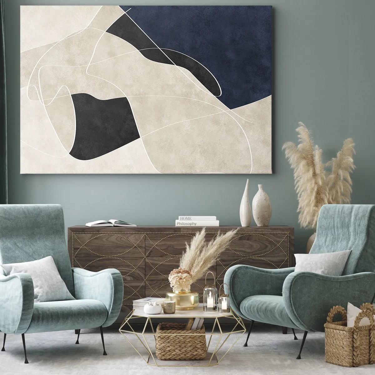 Impression sur toile - Image sur toile - Abstraction géométrique dans les tons beige et bleu marine - 70x50cm - Composition abstraite - contraste de couleurs - Décoration murale moderne pour le salon et la chambre ARTTOR