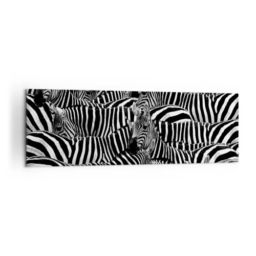Impression sur toile - Image sur toile - Un groupe de zèbres avec des rayures noires et blanches créant un motif de symétrie. - 160x50cm - Portrait collectif à rayures - Décoration murale moderne pour le salon et la chambre ARTTOR