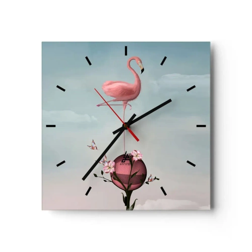 Horloge murale - Pendule murale - Un flamant rose en équilibre sur une boule de fleurs - 30x30cm - Allégorie du basket-ball - Décoration murale moderne pour le salon et la chambre ARTTOR
