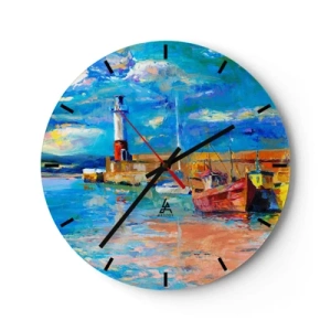 Horloge murale - Pendule murale - Un phare et des bateaux dans un cadre coloré et pittoresque - 30x30cm - Un après-midi dans la baie arc-en-ciel - Décoration murale moderne pour le salon, la cuisine et la chambre ARTTOR