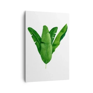 Impression sur toile - Image sur toile - Trois feuilles de bananier dans une approche artistique - 70x100cm - Symétrie verte - Décoration murale moderne pour le salon et la chambre ARTTOR