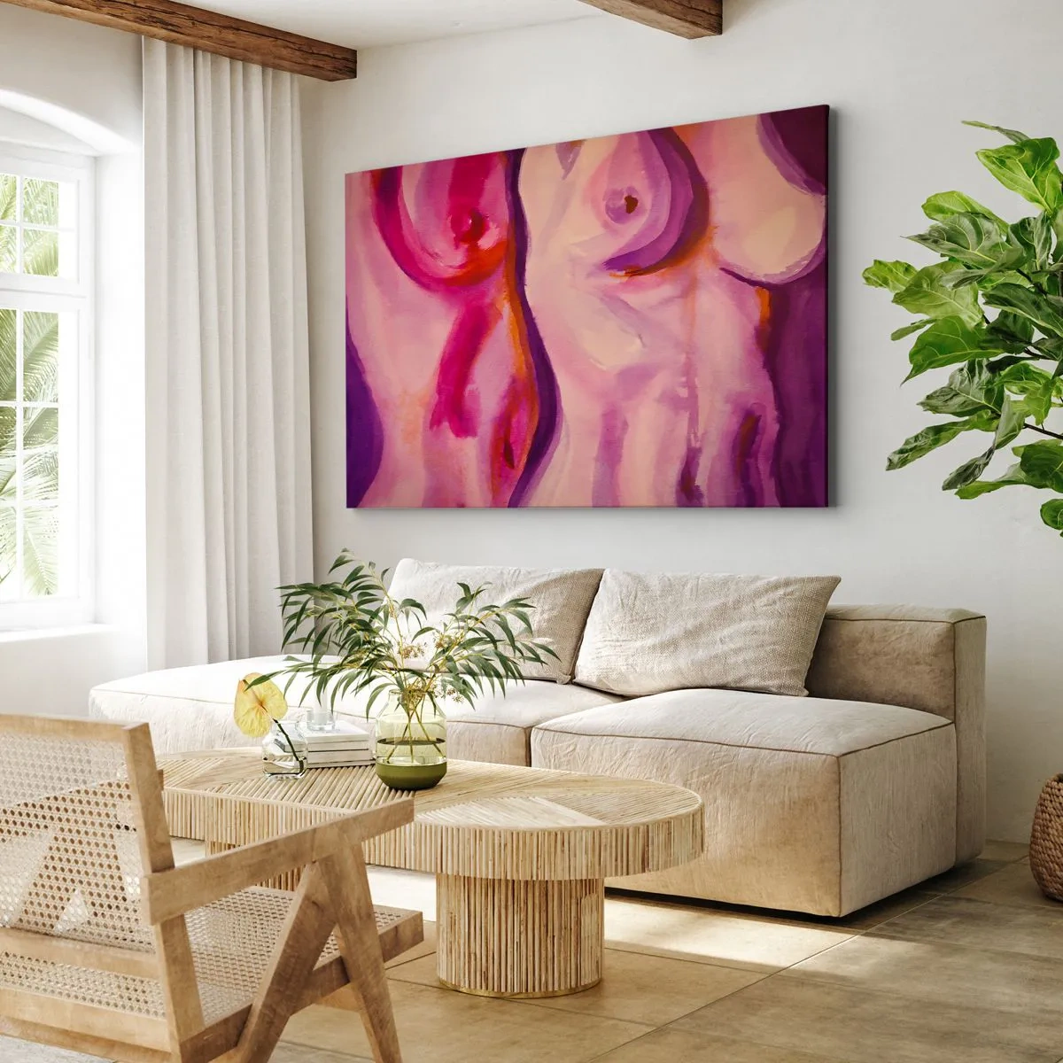 Impression sur toile - Image sur toile - Une interprétation abstraite de la silhouette féminine dans les tons roses et violets. - 120x80cm - Ode à la féminité - Décoration murale moderne pour le salon et la chambre ARTTOR