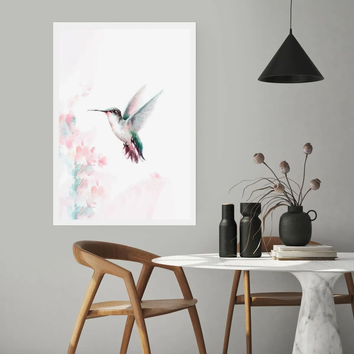 Affiche - Poster - Colibri en vol avec un fond floral délicat - 50x70cm - Immortalisé dans un battement - Décoration murale moderne pour le salon et la chambre ARTTOR