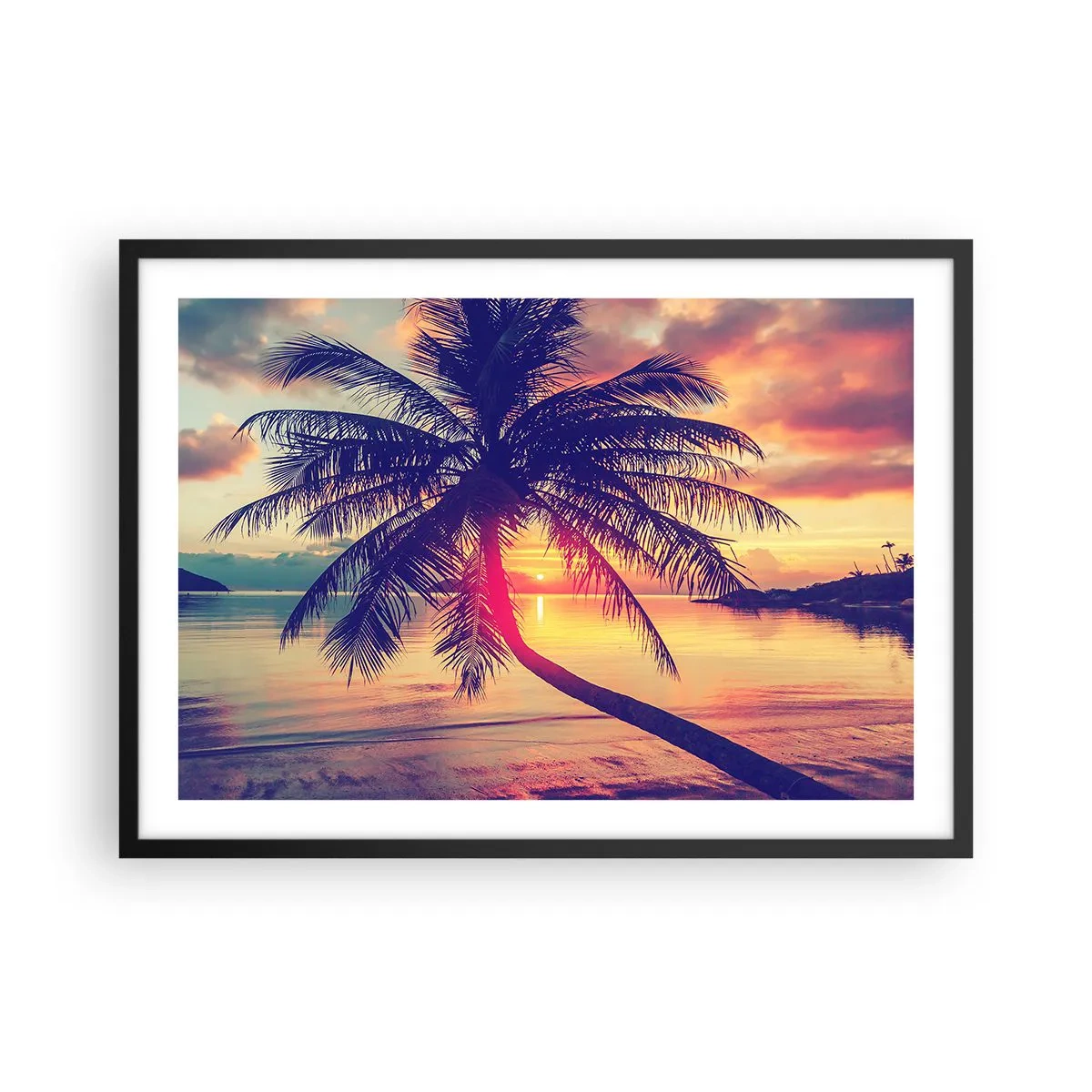 Affiche dans un cadre noir - Poster - Coucher de soleil avec un palmier sur un rivage tranquille - 70x50cm - Soirée sous les palmiers - Décoration murale moderne pour le salon et la chambre ARTTOR