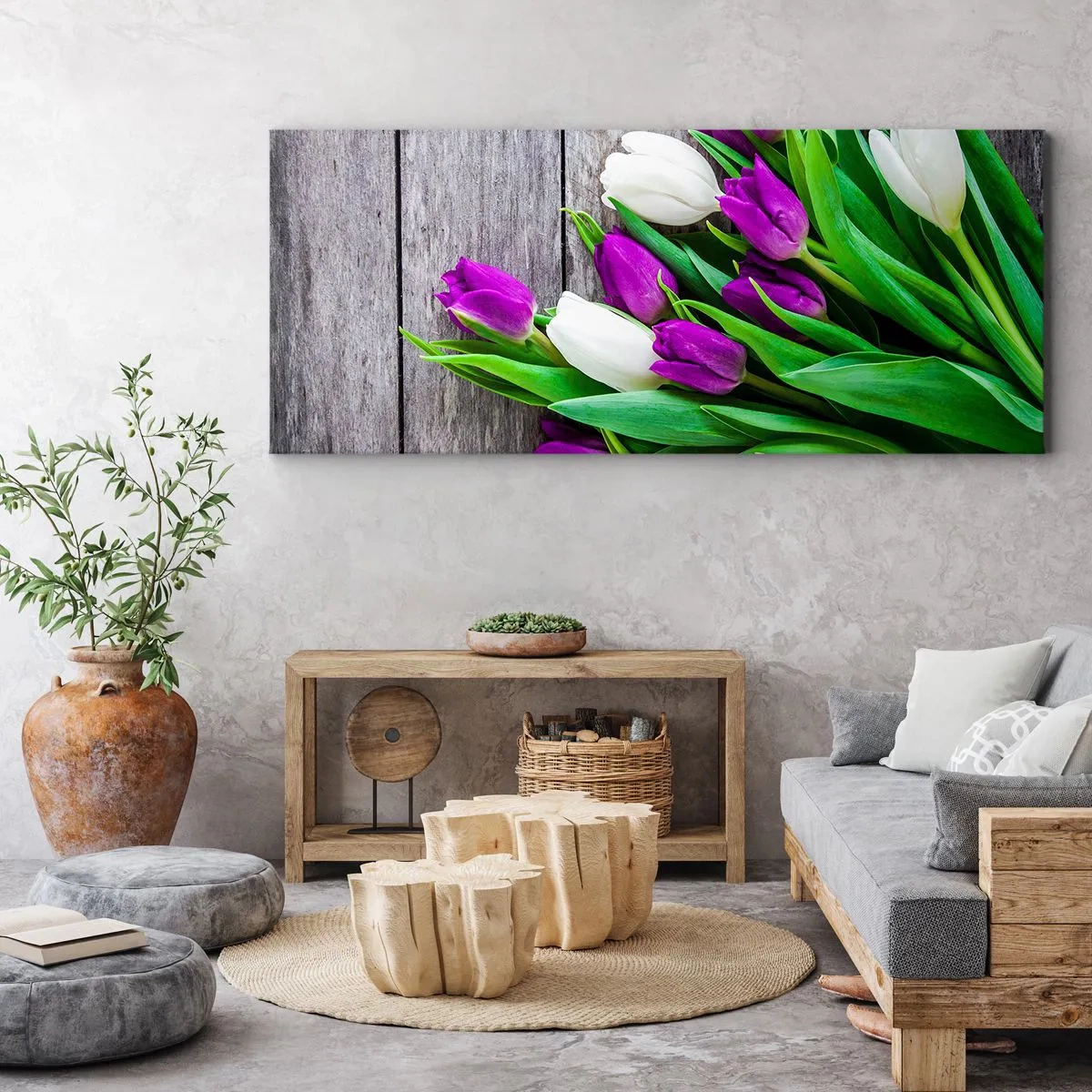 Impression sur toile - Image sur toile - Un bouquet de tulipes violettes et blanches sur un fond en bois - 160x50cm - Le jour des vacances de printemps - Décoration murale moderne pour le salon et la chambre ARTTOR