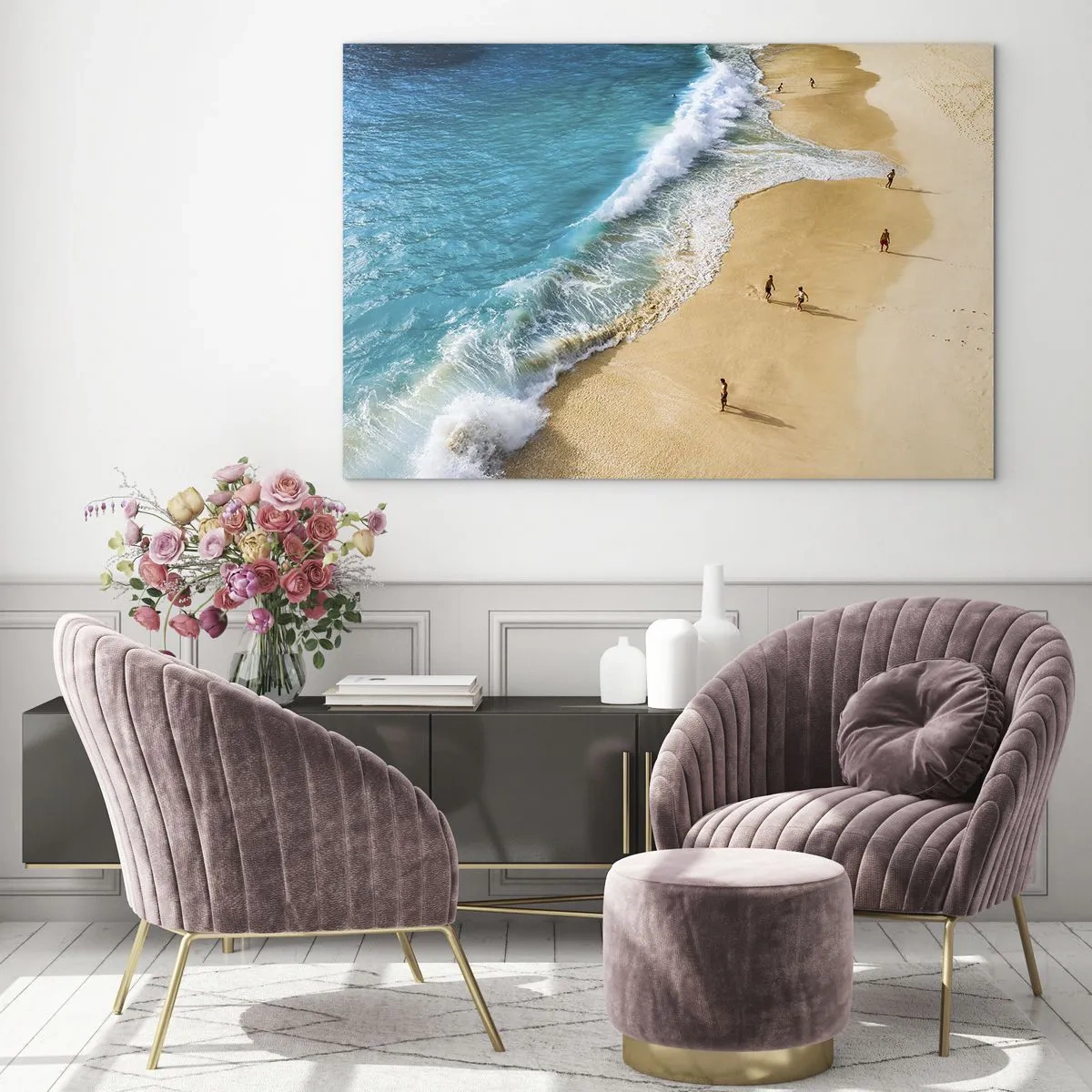 Impression sur verre - Image sur verre - Une plage dorée avec de l'eau turquoise et des gens marchant le long du rivage - 100x70cm - Et ensuite le soleil, la plage… - Décoration murale moderne pour le salon et la chambre ARTTOR