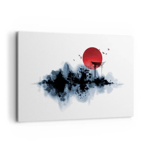 Impression sur toile - Image sur toile - Soleil rouge sur un paysage pittoresque avec torii - 120x80cm - Vue japonnaise - Décoration murale moderne pour le salon et la chambre ARTTOR