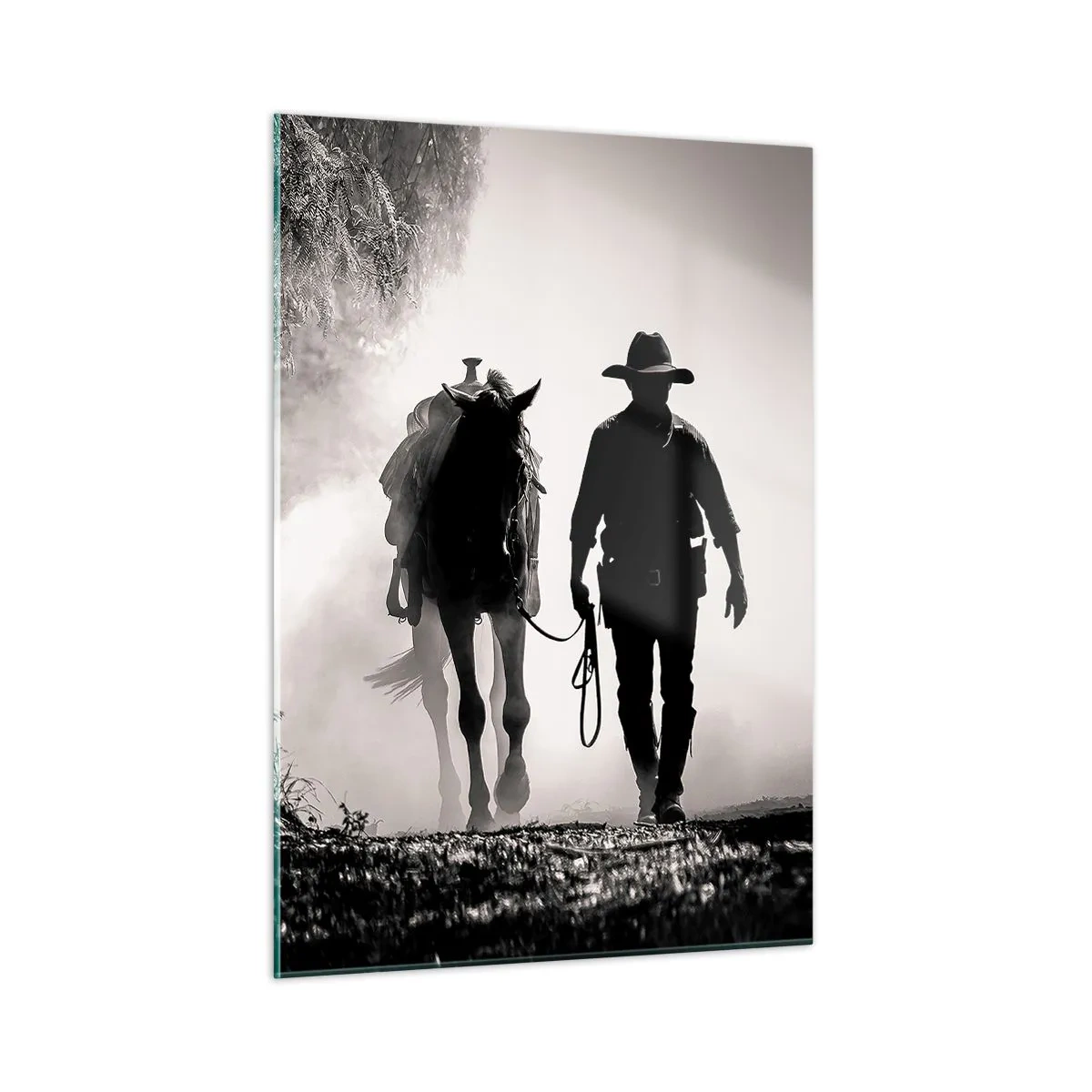 Impression sur verre - Image sur verre - Silhouette d'un cow-boy conduisant un cheval à travers un paysage brumeux - 50x70cm - Matinée texane - Décoration murale moderne pour le salon et la chambre ARTTOR