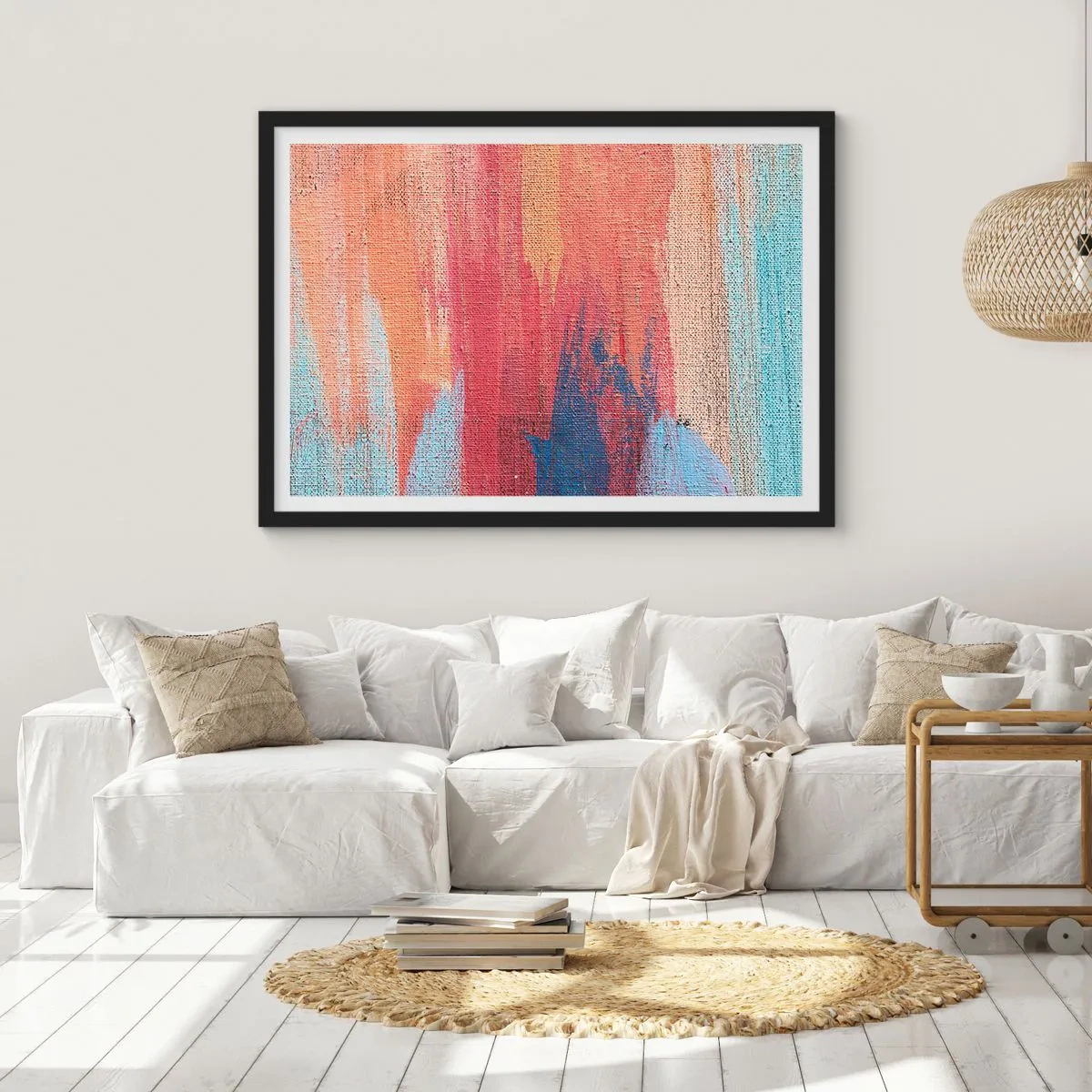 Affiche dans un cadre noir - Poster - Coups de pinceau abstraits et colorés - 70x50cm - Ecoulement de l'arc-en ciel - Décoration murale moderne pour le salon et la chambre ARTTOR
