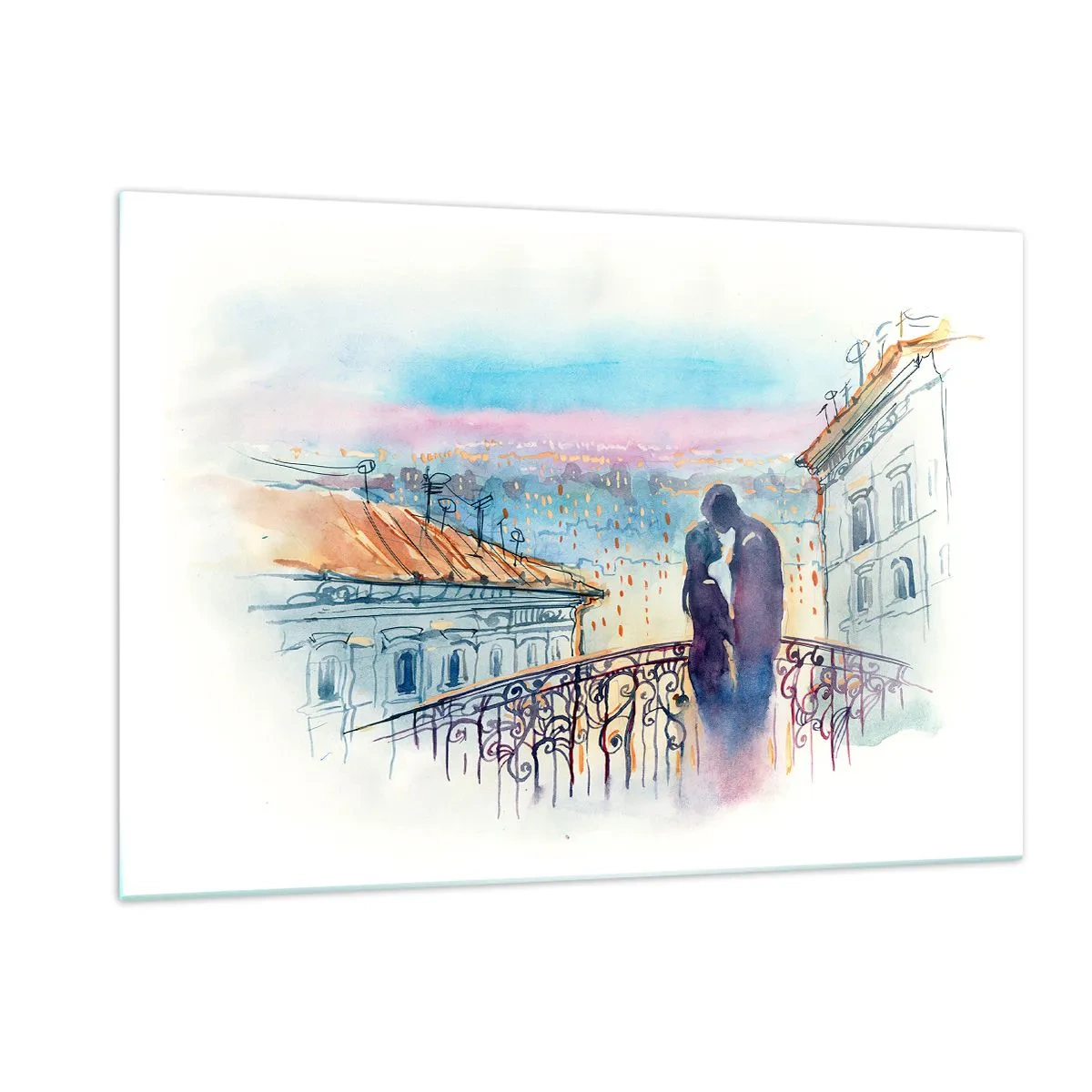 Impression sur verre - Image sur verre - Couple sur un balcon profitant d'un coucher de soleil romantique - 120x80cm - Amoureux de Paris - Décoration murale moderne pour le salon et la chambre ARTTOR