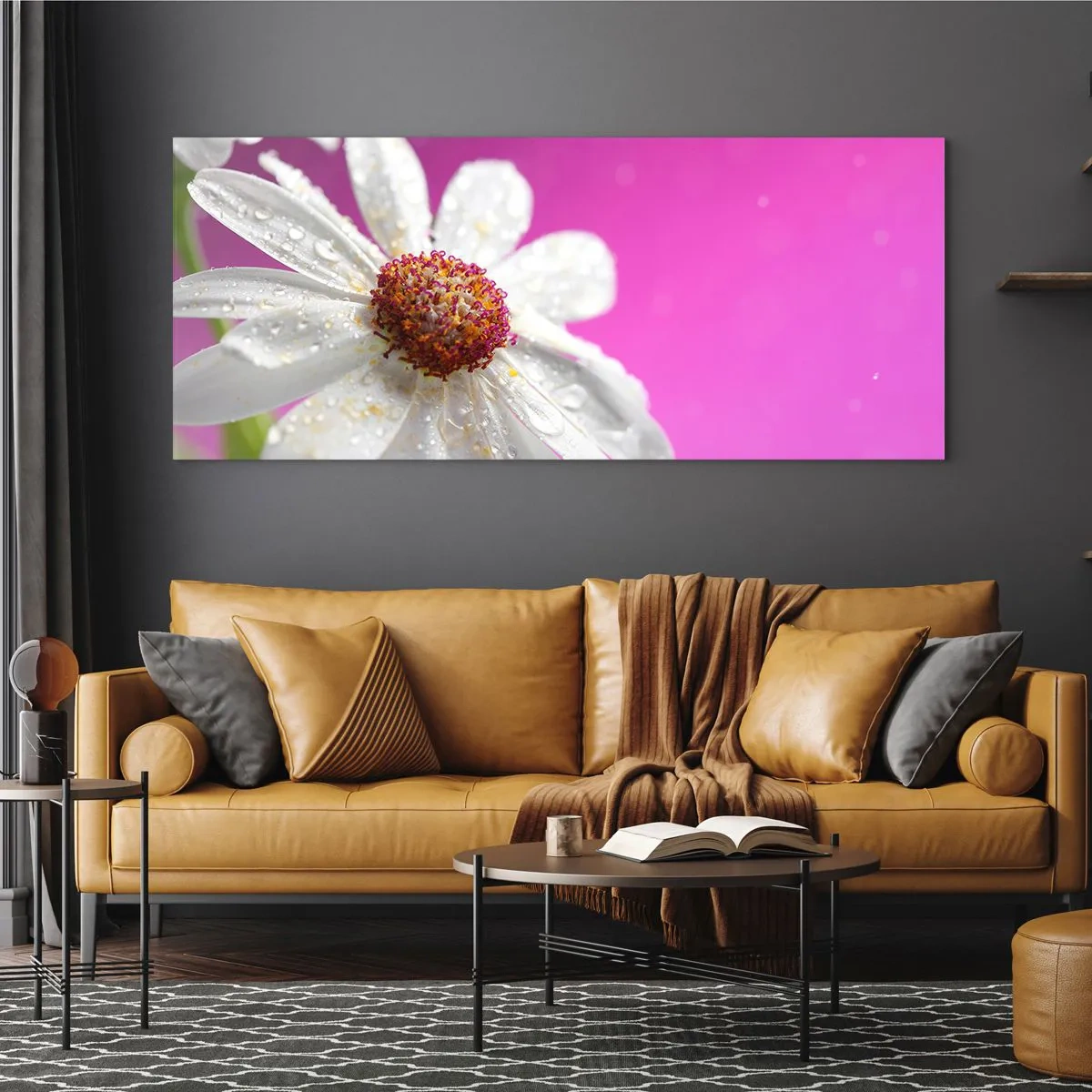 Impression sur verre - Image sur verre - Une marguerite blanche recouverte de gouttes d'eau sur un fond rose - 160x50cm - Modeste dans sa beauté - Décoration murale moderne pour le salon et la chambre ARTTOR