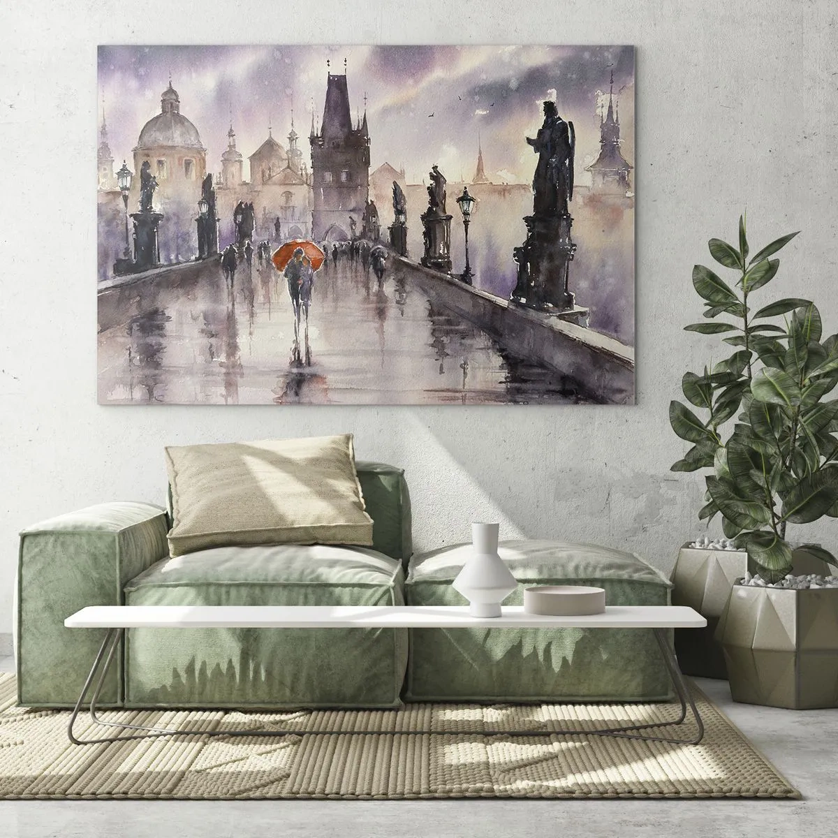 Impression sur verre - Image sur verre - Marcher sous la pluie sur un pont avec un parapluie orange - 100x70cm - Les gens ne changent pas - Décoration murale moderne pour le salon et la chambre ARTTOR