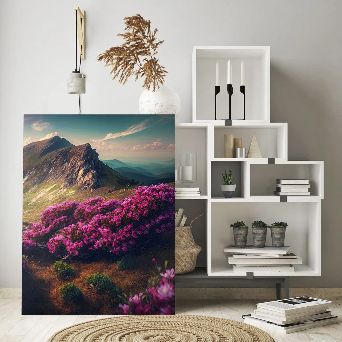 Impression sur verre - Image sur verre - Paysage de montagne avec des rhododendrons en fleurs - 80x120cm - L'été à la montagne - Décoration murale moderne pour le salon et la chambre ARTTOR