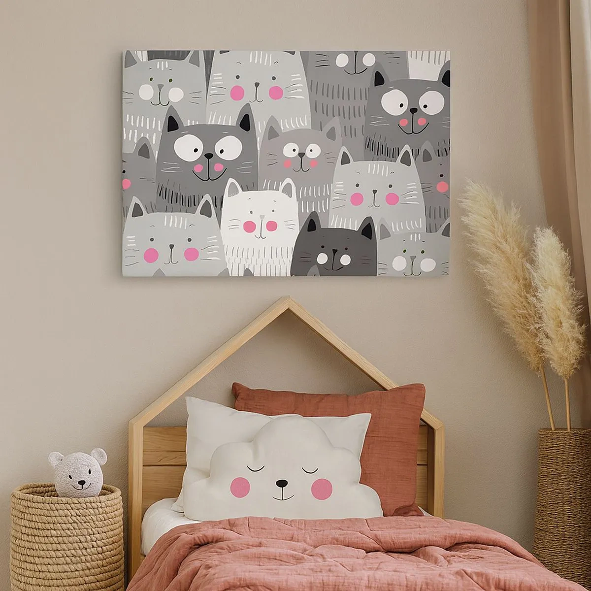 Impression sur toile - Image sur toile - Un motif amusant avec des chats dans des tons de gris - 70x50cm - Le monde des chats - Décoration murale moderne pour le salon et la chambre ARTTOR