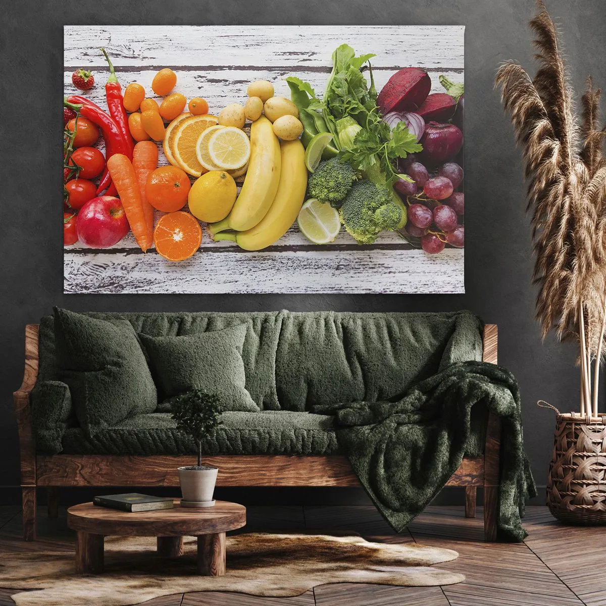 Impression sur toile - Image sur toile - Fruits et légumes colorés sur fond de bois - 70x50cm - Ce n'est pas suffisant? - Décoration murale moderne pour le salon et la chambre ARTTOR