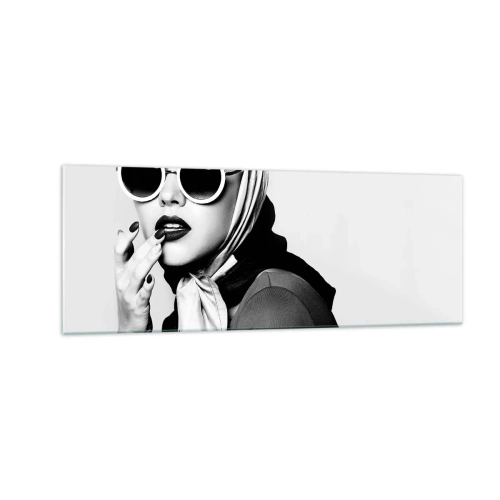 Impression sur verre - Image sur verre - Portrait en noir et blanc d'une femme portant des lunettes et un foulard - 140x50cm - Salutations des années 60 - Décoration murale moderne pour le salon et la chambre ARTTOR