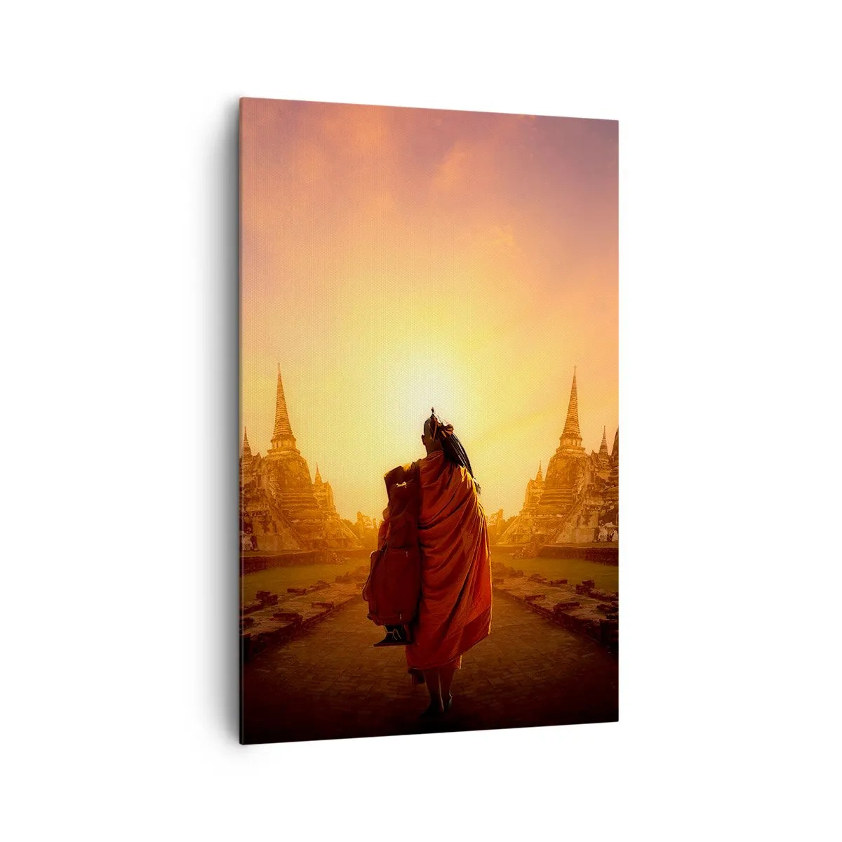 Impression sur toile - Image sur toile - Un moine parmi les temples au coucher du soleil - 80x120cm - En paix pour l'éternité - Décoration murale moderne pour le salon et la chambre ARTTOR