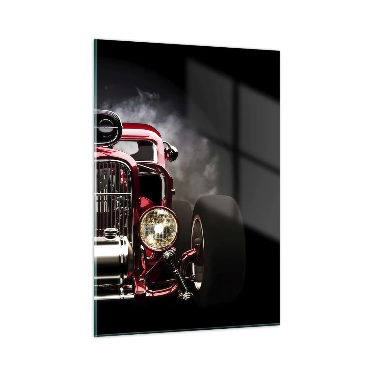 Impression sur verre - Image sur verre - Hot rod rouge dans une épaisse fumée - 50x70cm - Rapide et furieusement beau - Décoration murale moderne pour le salon et la chambre ARTTOR