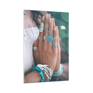 Impression sur verre - Image sur verre - Mains décorées de bijoux bohèmes - 80x120cm - Bienvenue au centre du bien-être - Décoration murale moderne pour le salon et la chambre ARTTOR