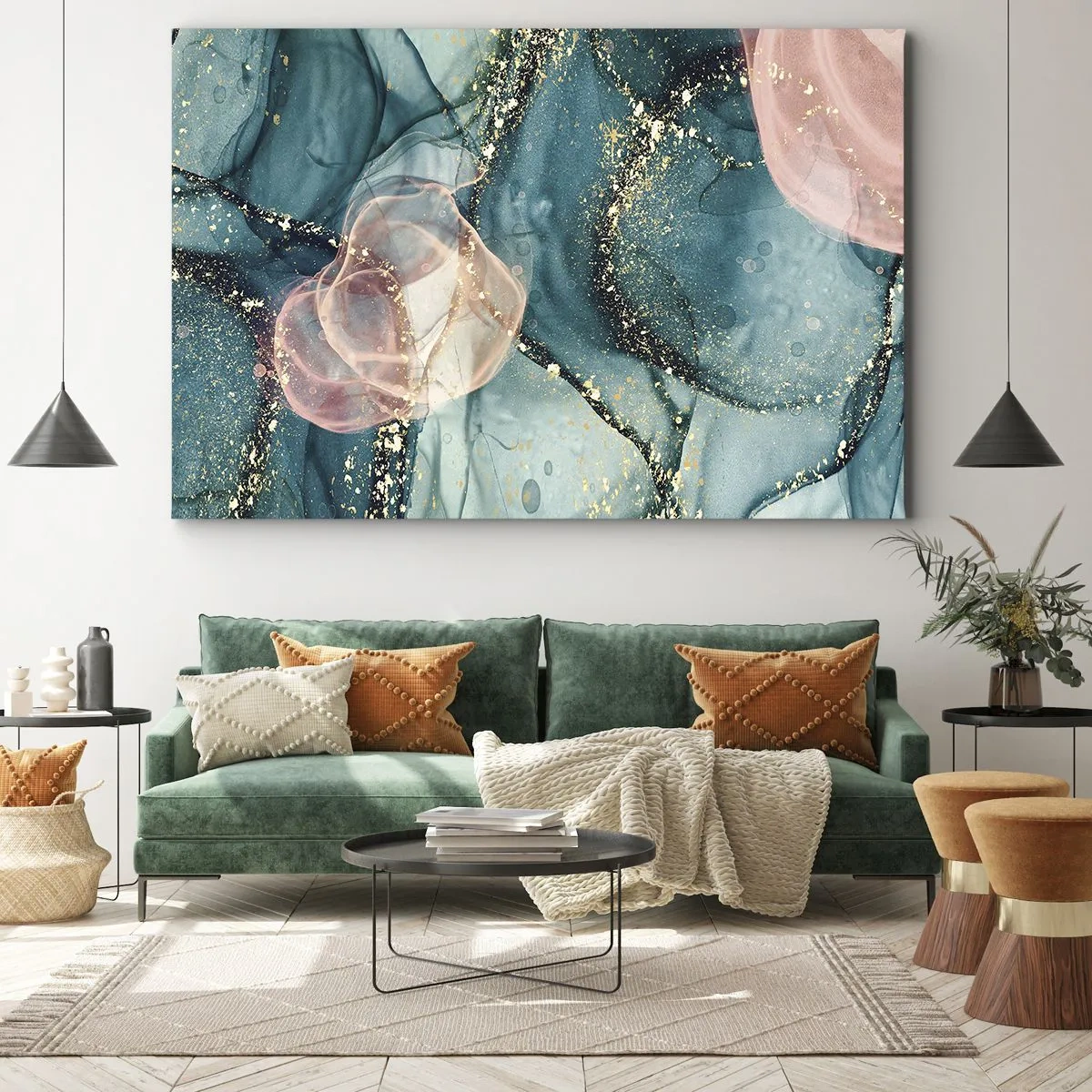 Impression sur toile - Image sur toile - Une composition abstraite dans des tons turquoise et or. - 70x50cm - Soie bleu, tulle rose - Décoration murale moderne pour le salon et la chambre ARTTOR