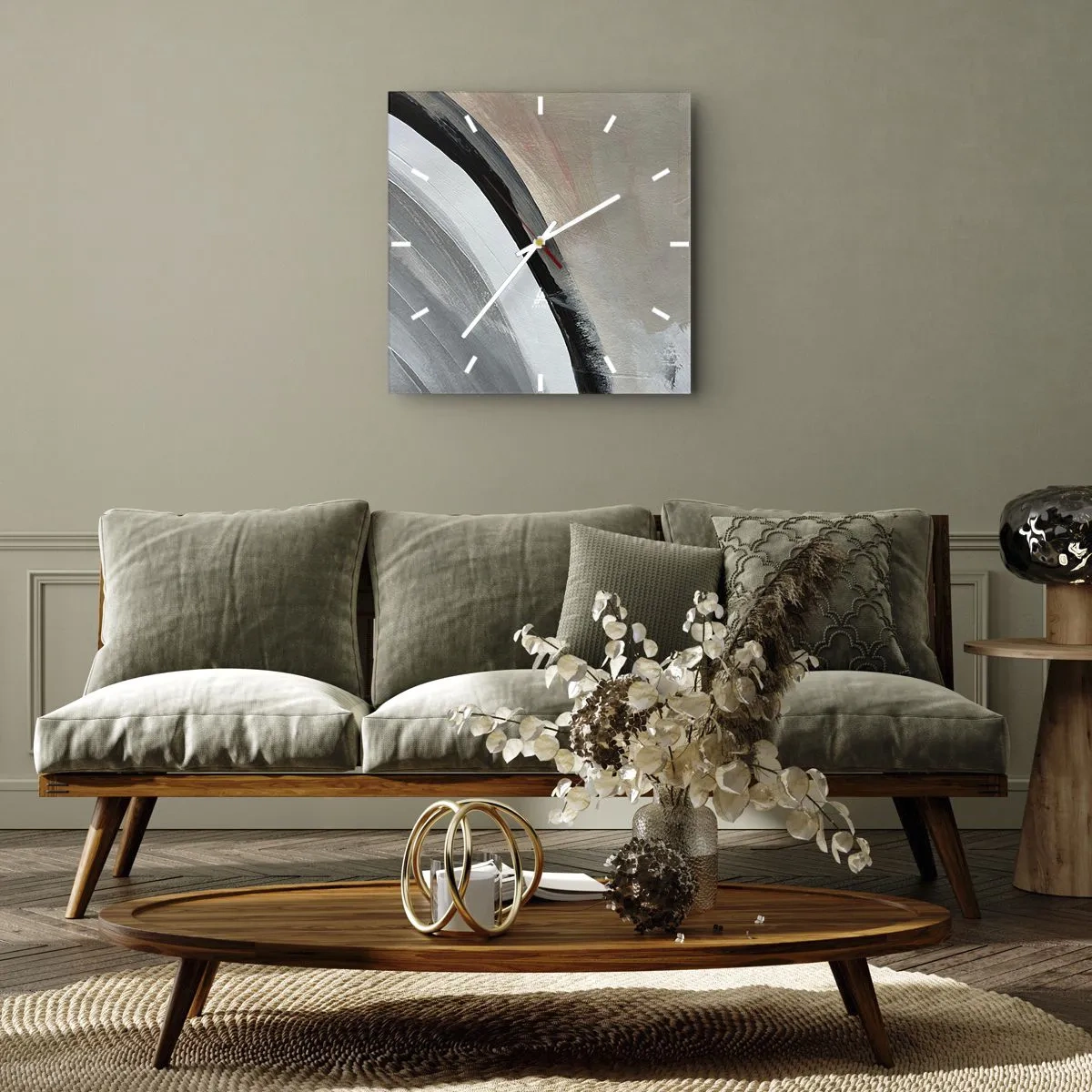 Horloge murale - Pendule murale - Arche abstraite dans les tons de noir, gris et beige - 30x30cm - Composition : arc de noir et gris - Décoration murale moderne pour le salon et la chambre ARTTOR
