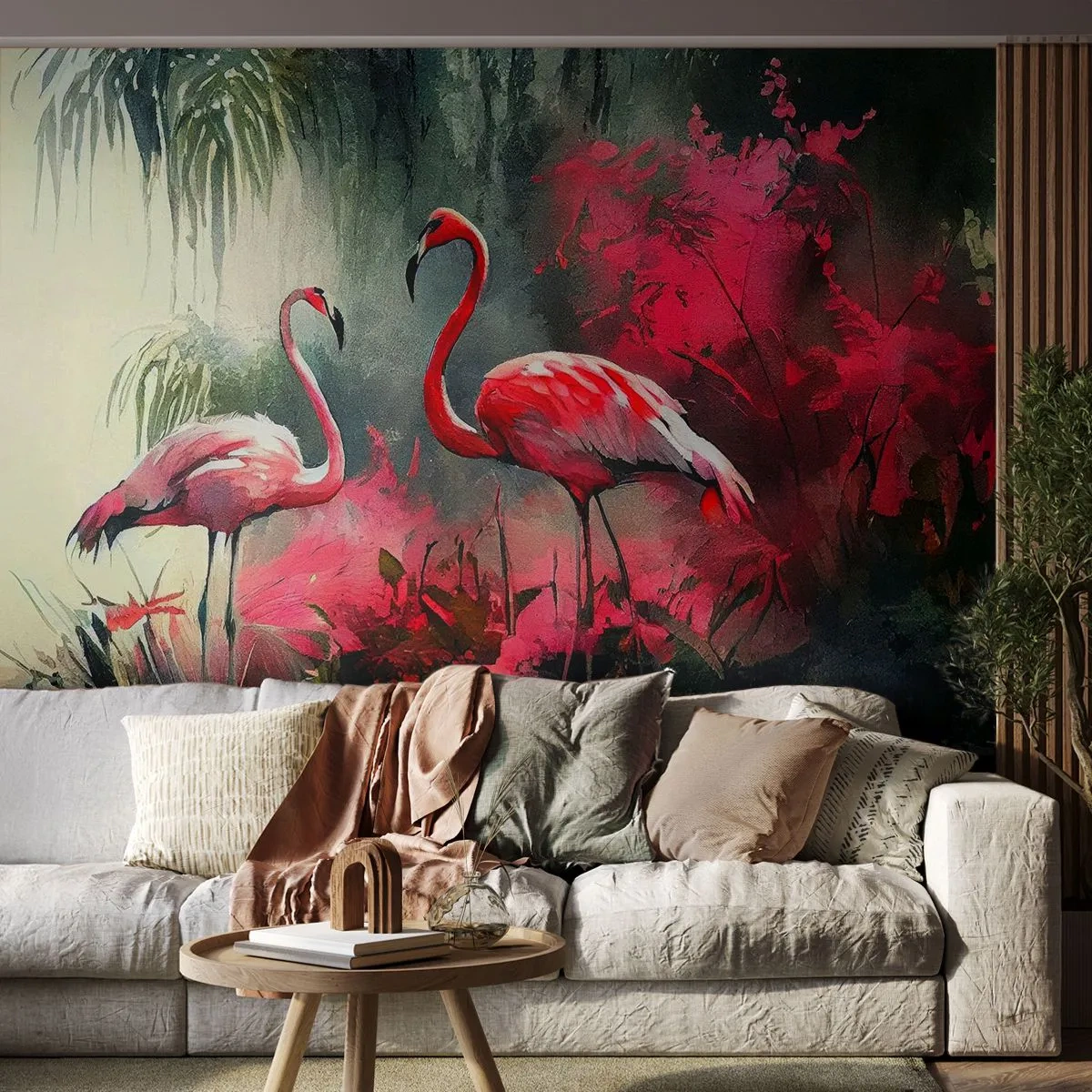 Papier Peint Photo Premium Sand - Une leçon de grâce naturelle - Flamants roses, Morceau, Paysage - 100x70 cm